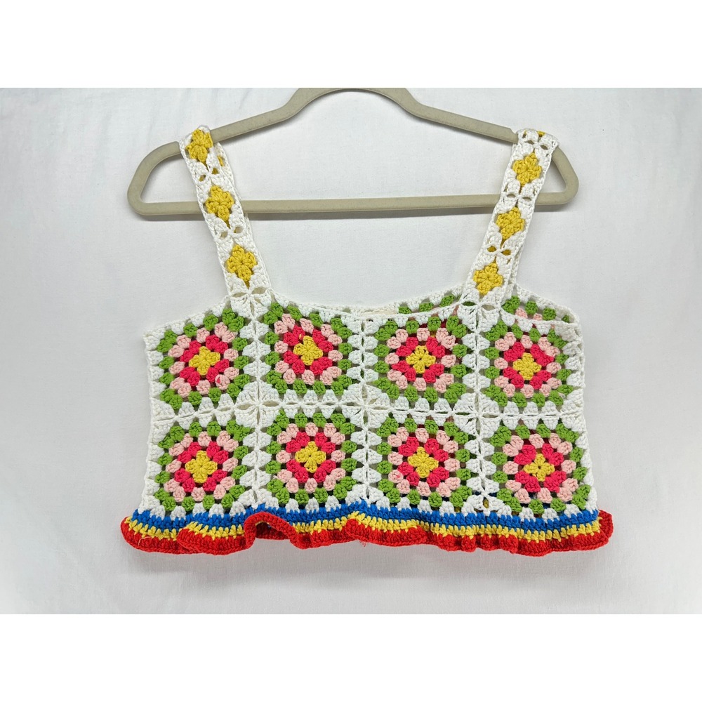 POL Womens Crochet Granny Square Crop Top Multi Color Boho Festival Tank Medium